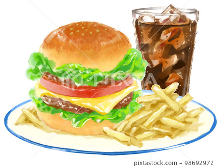 Watercolor illustration of hamburger, fries and cola with a delicious pick 98692972