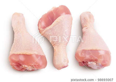 Raw chicken leg or drumstick isolated on white background with full depth of field. Top view. Flat lay 98693007