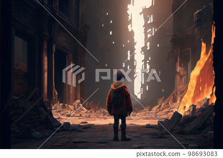Lone child walking in destroyed city Lone child walking in destroyed city 98693083