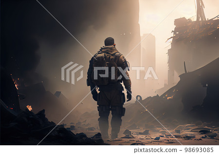 Lone soldier walking in destroyed city Lone soldier walking in destroyed city 98693085