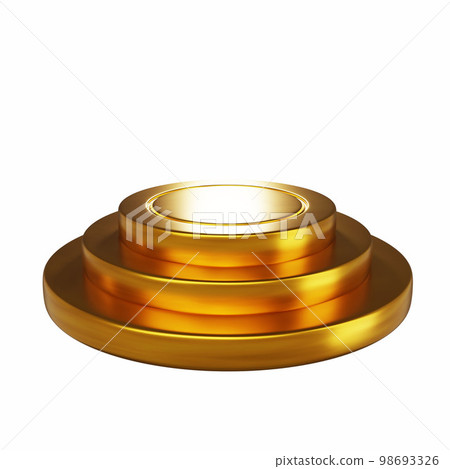 3d golden podium realistic render, metal stage platform, ceremony premium award stand on white.  98693326
