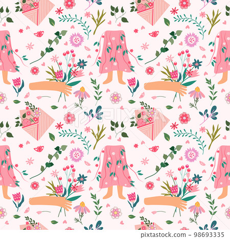 Spring seamless pattern with a hand holding a bouquet of flowers, silhouette of a woman's skirt, wildflowers. Spring bloom and luxury. Floral pattern can be used as textile, fabric, wallpaper, banner. 98693335
