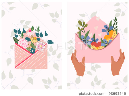Beautiful postcards with bouquet of spring flowers inside the envelope. A floral arrangement for celebrating a birthday, wedding, mother's day, spring, etc. Vector illustration 98693346
