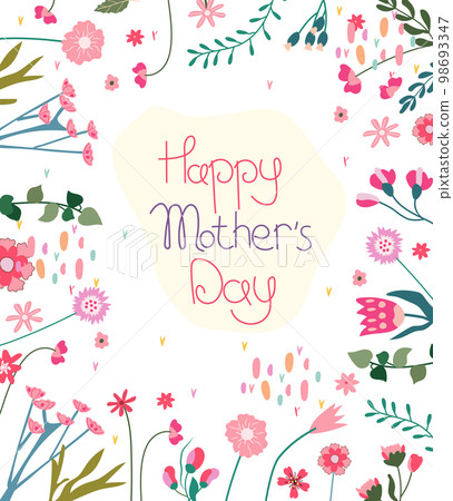 Floral greeting card with wildflowers and the inscription Happy Mother's Day. Bright composition is suitable for banners, posters, cards. Vector illustration. 98693347