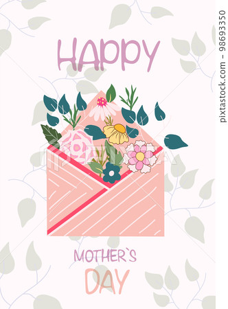 Mother's Day greeting card. Greeting card with bouquet of spring flowers inside the envelope. Happy mother's day. Bright illustrations are suitable for banners, posters, cards. Vector graphics 98693350