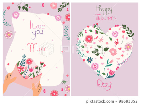 A heart of wildflowers and a bouquet inside an envelope. Mother's Day greeting cards. Bright compositions suitable for banners, posters, cards. Vector graphics. 98693352
