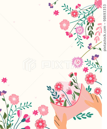 A hand holding a bouquet of wildflowers inside and around an envelope. A bright composition for celebrating a birthday, wedding, mother's day, spring, etc. Vector illustration 98693353
