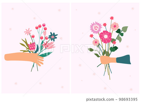 A hand holding a bright bouquet of wildflowers. A floral arrangement for celebrating a birthday, wedding, mother's day, spring, etc. Minimalist Vector illustration. A hand holding a bright bouquet of wildflowers. A floral arrangement for celebrating a birthday, wedding, mother's day, spring, etc. Minimalist Vector illustration. 98693395