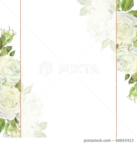 Watercolor illustration. Square frame with white roses with translucent veil and gold edging. Place for inscription or text. Isolated on a white background.For design of card, wedding invitation 98693423