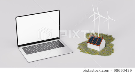 3D render of laptop mockup with toy house with solar panels and windmills on white background 98693459