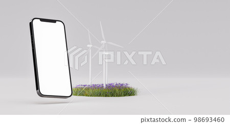 Smartphone mockup near windmills and grass 98693460