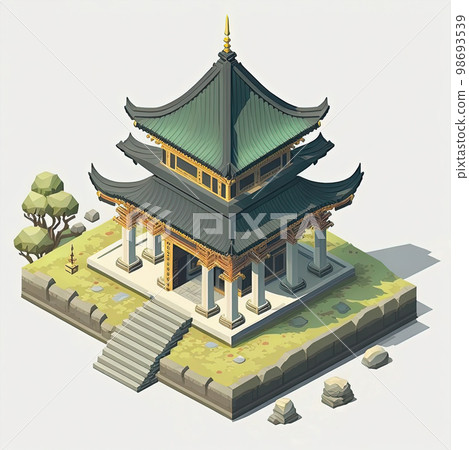 Cartoon isometric East Asian green pagoda building on white background. Generative AI 98693539