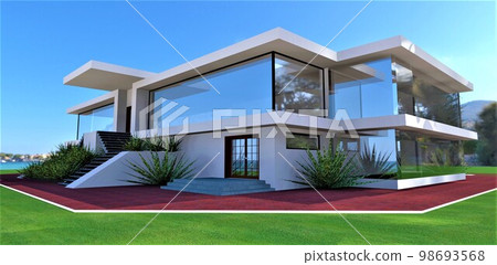 Stylish family cottage finished with white plaster with large panoramic windows. Beautiful sea bay and mountains on the background. 3d rendering. Stylish family cottage finished with white plaster with large panoramic windows. Beautiful sea bay and mountains on the background. 3d rendering. 98693568