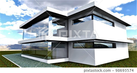 A simple inexpensive, but aesthetic and functional country house on a flat plot with fertile soil. Stucco facade, white plaster finish and stylish corner windows in auxiliary rooms. 3d rendering. 98693574