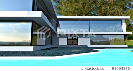 Amazing country house with unusual shaped pool. Big heat-saving windows. White facade. Beautiful.green trees under the summer sky. 3d rendering. 98693576