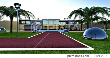 Futuristic estate in a mountain valley at sunrise among palm trees. Red brick pavement and white curb on manicured lawn. 3d rendering. 98693593