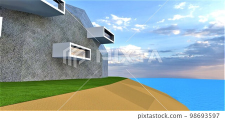 The concept of a futuristic housing built inside a granite rock on a sandy island in the middle of the blue ocean. 3d rendering. 98693597