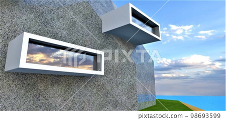 The project of housing of the future built into the rock of gray granite on an artificial island in the open sea. 3d rendering. 98693599