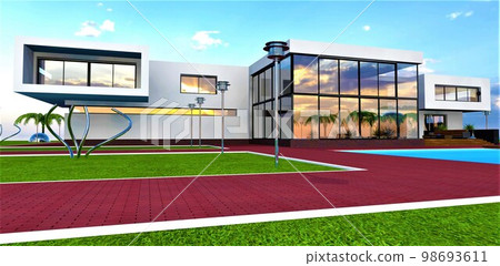Individual design of a country elite estate. White facade and glass inserts. Red brick paving stones on a well-groomed lawn. Near the swimming pool with medicinal water. 3d rendering. Individual design of a country elite estate. White facade and glass inserts. Red brick paving stones on a well-groomed lawn. Near the swimming pool with medicinal water. 3d rendering. 98693611