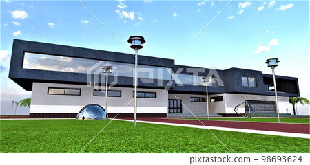 One of the options for finishing the facade of a modern private house with white and black moisture-resistant plaster. 3d rendering. One of the options for finishing the facade of a modern private house with white and black moisture-resistant plaster. 3d rendering. 98693624