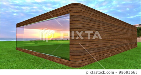 Affordable modular country house for a poor family. Panoramic energy saving window. Warm eco-friendly wooden facade. 3d rendering. 98693663