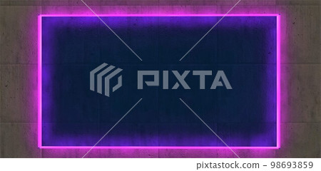 Background of blue glass in a purple luminous frame on a concrete substrate. Suitable for an unusual greeting card. 3d rendering. Background of blue glass in a purple luminous frame on a concrete substrate. Suitable for an unusual greeting card. 3d rendering. 98693859