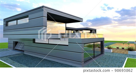 Exclusive design of a country cottage in a prestigious ecologically clean area of the region. Aluminum alloy as a finishing material for walls. 3d rendering. Exclusive design of a country cottage in a prestigious ecologically clean area of the region. Aluminum alloy as a finishing material for walls. 3d rendering. 98693862