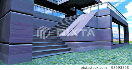 The design of a stylish staircase up from the courtyard of a private house with walls finished with modular metal panels. 3d rendering. The design of a stylish staircase up from the courtyard of a private house with walls finished with modular metal panels. 3d rendering. 98693868