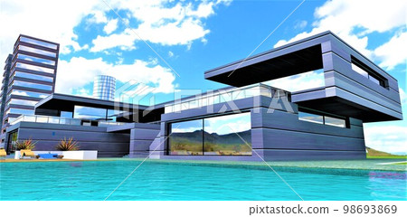 The turquoise surface of the water of the pool in the courtyard of an elite house in a developing technological area. 3d rendering. 98693869