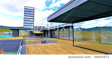 View from the terrace of an elite house on the outskirts of the city to high-rise buildings closer to the center. 3d rendering. View from the terrace of an elite house on the outskirts of the city to high-rise buildings closer to the center. 3d rendering. 98693872