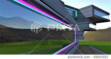 The project of a technological house of the future in an ecological mountainous area with clean air. Each floor independently rotates around its own axis. 3d rendering. The project of a technological house of the future in an ecological mountainous area with clean air. Each floor independently rotates around its own axis. 3d rendering. 98693887