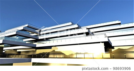 Bright sunrise in the mountains reflected on the glass facade of the elite contemporary hotel complex. 3d rendering. Bright sunrise in the mountains reflected on the glass facade of the elite contemporary hotel complex. 3d rendering. 98693906