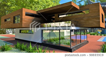The project of a wonderful house in a shady eco-friendly park. Large panoramic windows are successfully combined with a facade board. 3d rendering. 98693919
