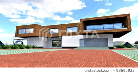 A cobbled platform made of red clay bricks in front of the garage of a suburban elite housing with a wooden facade on the second floor. 3d rendering. 98693922