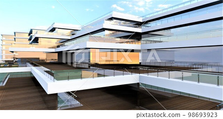 Abstract glass facade of a modern luxury hotel in a sparsely built-up area of the city. Wooden terraces create an atmosphere of country rest. 3d rendering. 98693923