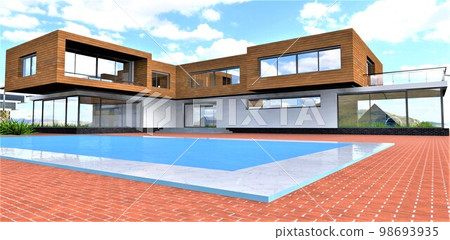 Stunning pool with white marble border in the yard of the suburban house. Red brick pavement. 3d rendering. Stunning pool with white marble border in the yard of the suburban house. Red brick pavement. 3d rendering. 98693935