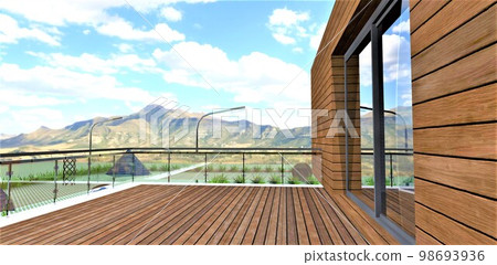 Stylish balcony design. Wooden flooring and walls. Glass fence. Stunning mountains landscape. 3d rendering. Stylish balcony design. Wooden flooring and walls. Glass fence. Stunning mountains landscape. 3d rendering. 98693936