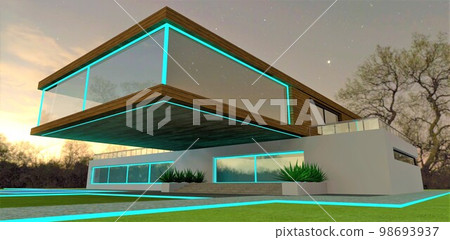 Turquois illumination of the private country house at night. Starry sky above the green lawn. 3d rendering.contemporary, house, home, night, modern, luxury, exterior, architecture, evening, nobody, Turquois illumination of the private country house at night. Starry sky above the green lawn. 3d rendering.contemporary, house, home, night, modern, luxury, exterior, architecture, evening, nobody, 98693937