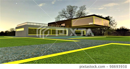 Yellow illumination of the territory and facade of a wonderful private housing at night. Starry sky, green grass and freedom. 3d rendering. Yellow illumination of the territory and facade of a wonderful private housing at night. Starry sky, green grass and freedom. 3d rendering. 98693938