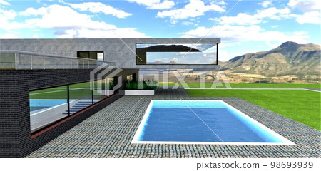 A swimming pool with luminous edges on the territory of a futuristic country estate built in the picturesque mountains. 3d rendering. A swimming pool with luminous edges on the territory of a futuristic country estate built in the picturesque mountains. 3d rendering. 98693939