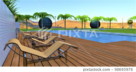 Amazing view to the mountains landscape from the deck with stunning pool and some steel sun loungers near the white brick wall. 3d rendering. Amazing view to the mountains landscape from the deck with stunning pool and some steel sun loungers near the white brick wall. 3d rendering. 98693978