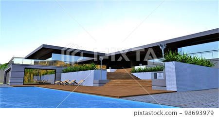 Descent along the wooden steps to the recreation area near the pool. Amazing architectural composition. 3d rendering. 98693979