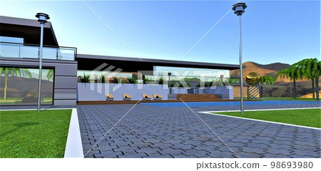 Figured gray concrete pavers in front of an elite private house. White border and metal street lights. 3d rendering. 98693980