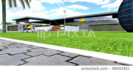 Low view from the gray concrete pavement to the stylish luxury house with lawn with palm trees and metal installations. 3d rendering. 98693981