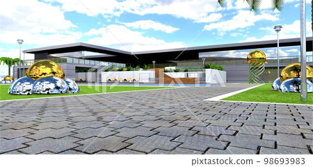 Stunning country villa design set on several acres of land. Cobblestone walkways look perfect on a green lawn, thanks to a white border. 3d rendering. 98693983