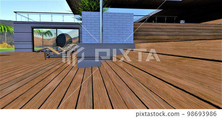 Wooden terrace and steps of the stairs. Stunning rest zone in the courtyard of the contemporary country villa in the mountains. 3d rendering. 98693986