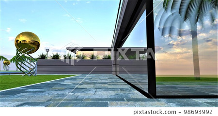 Mirror window of the contemporary estate reflects rhe environment . Steel balls on the lawn as an art istallation. 3d rendering. 98693992