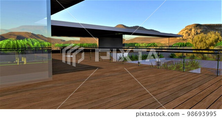 Stylish terrace with wooden flooring and large panoramic windows reflecting the wonderful mountain landscape. 3d rendering. 98693995