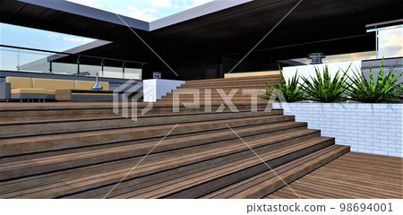 Wooden steps up to the comfortable terrace with stylish furniture. Good baner for advertisment of real estate. 3d rendering. 98694001