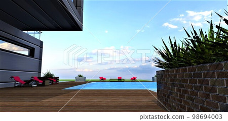 Decking around the pool of the cozy family house constructed in the hilly region with friendly climate. 3d rendering. 98694003